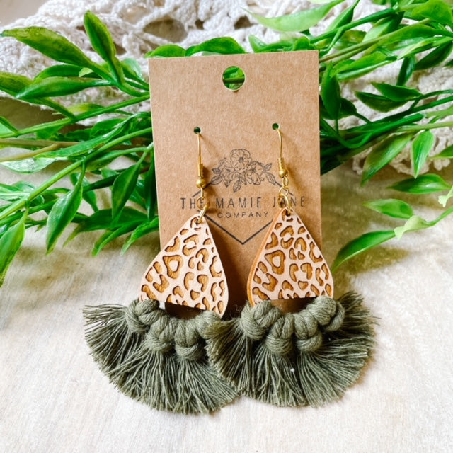 Leopard Print Teardrop w/ Olive Macramé
